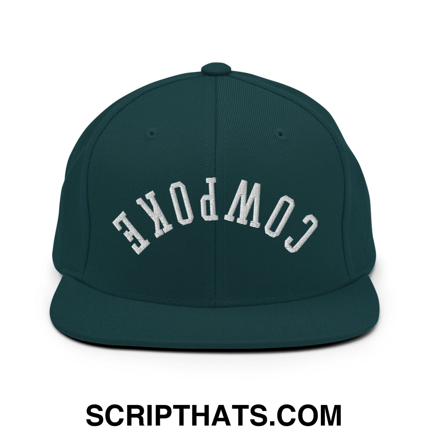 Dark green snapback hat with white embroidered cowpoke lettering in an arched design and flat bill brim