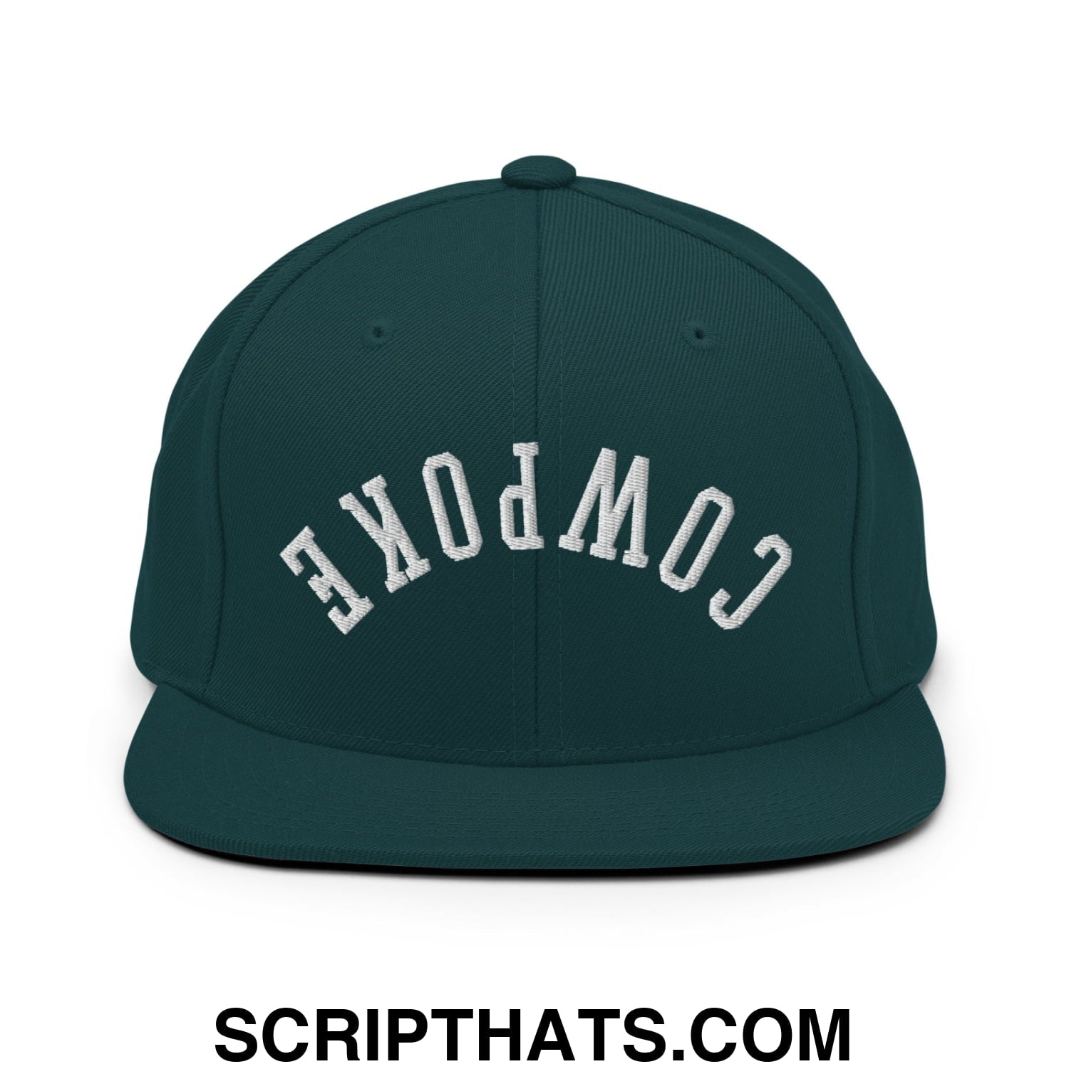 Dark green snapback hat with white embroidered cowpoke lettering in an arched design and flat bill brim