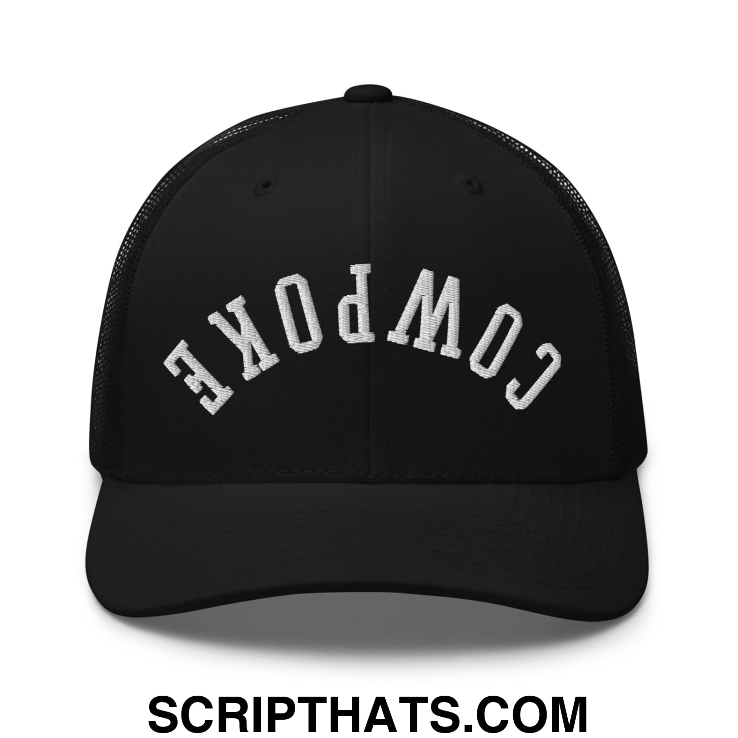 Black mesh trucker hat with white embroidered cowpoke lettering on front panel in upside down cowpoke design