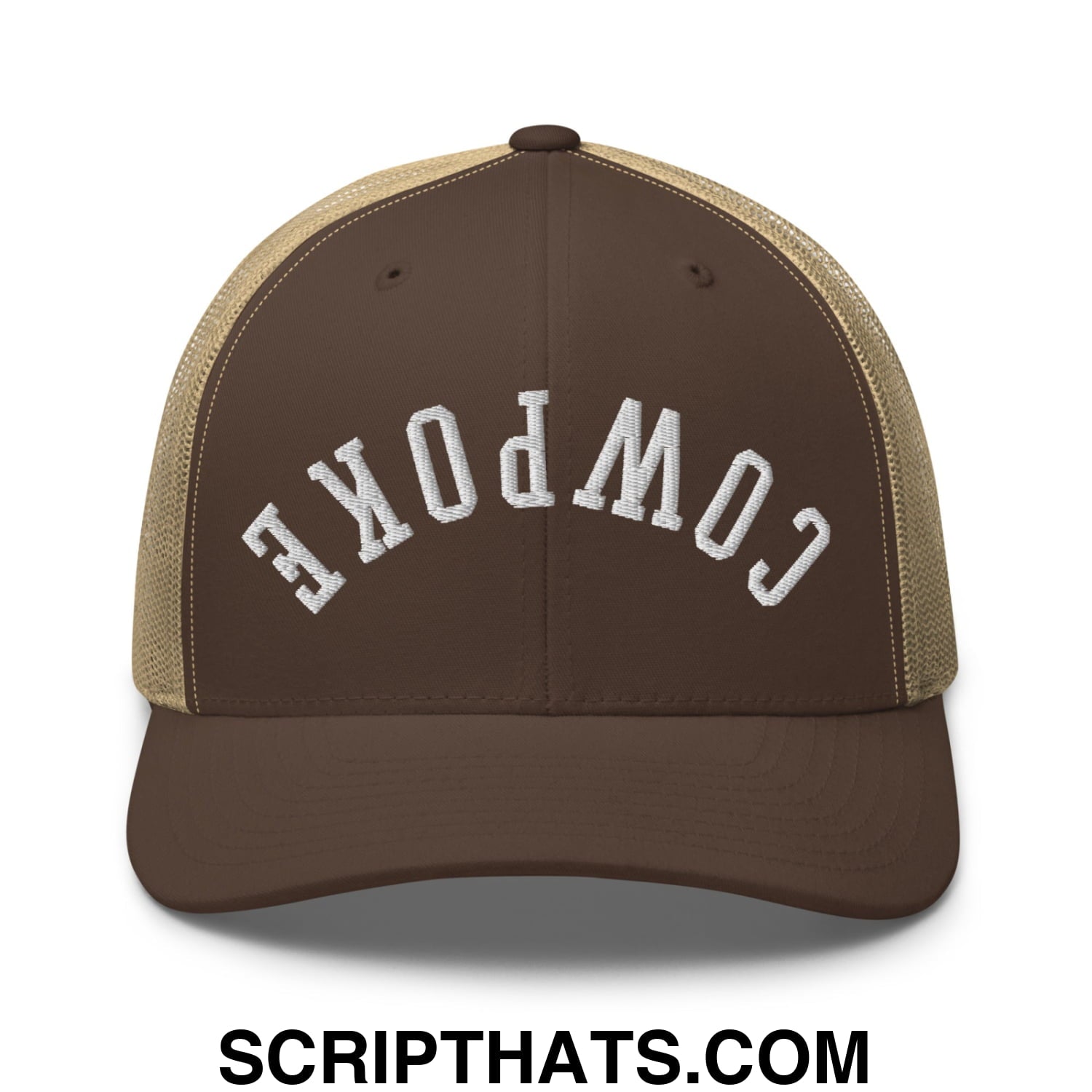 Brown and tan mesh trucker hat with white embroidered cowpoke lettering front for casual outdoor wear