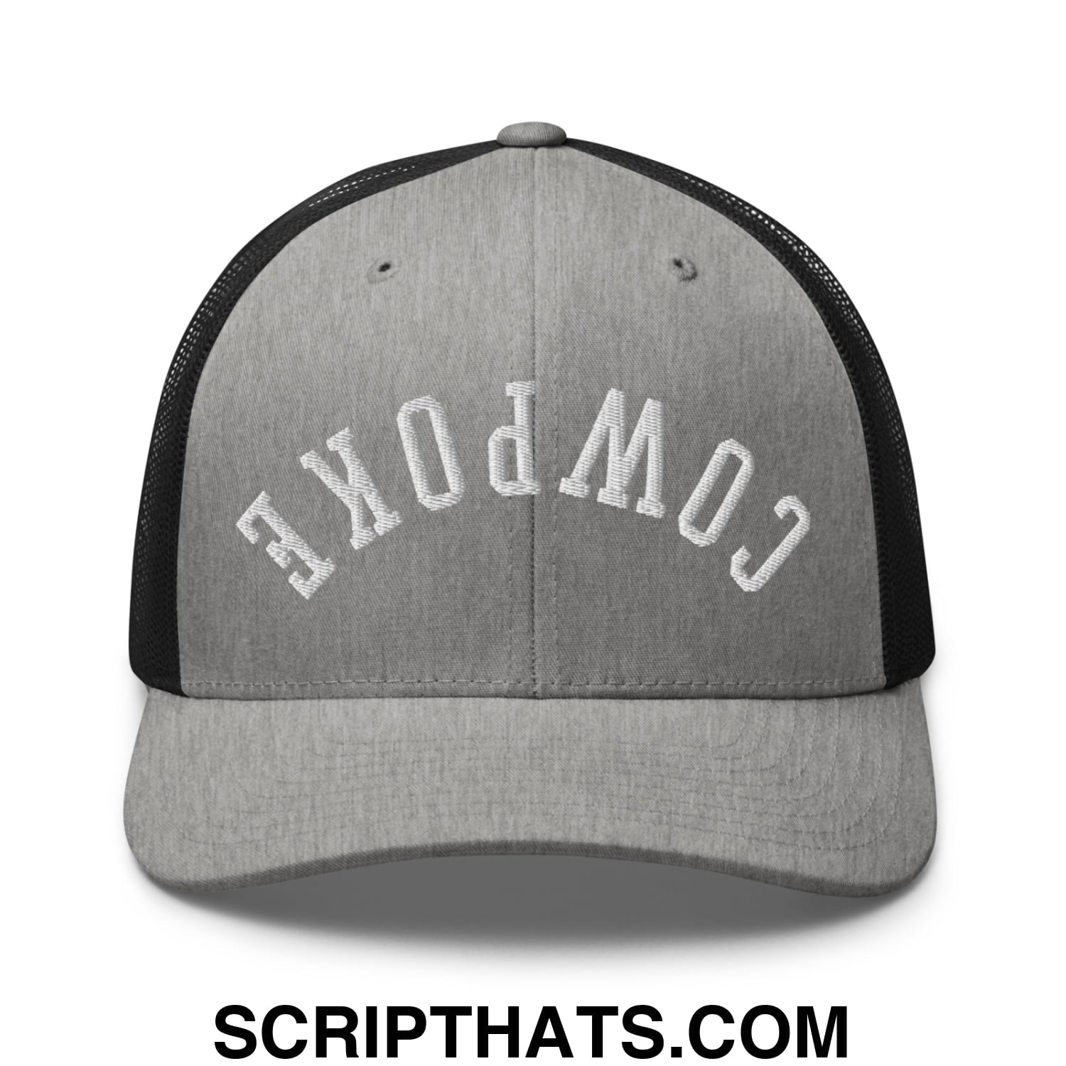 Gray and black mesh trucker hat with white embroidered cowboye lettering titled upside down cowpoke embroidered mesh trucker hat