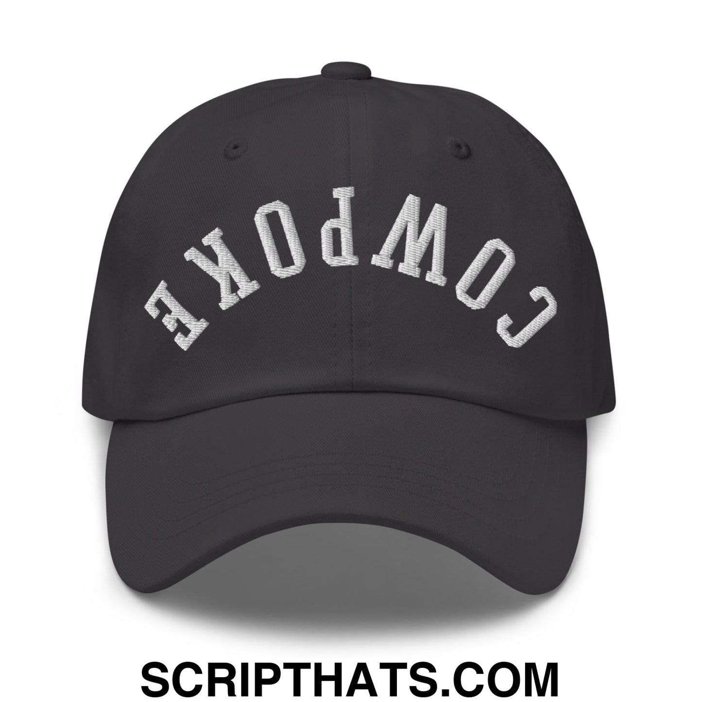 Black upside down cowpoke unstructured dad hat with white compoke embroidery in an arched design