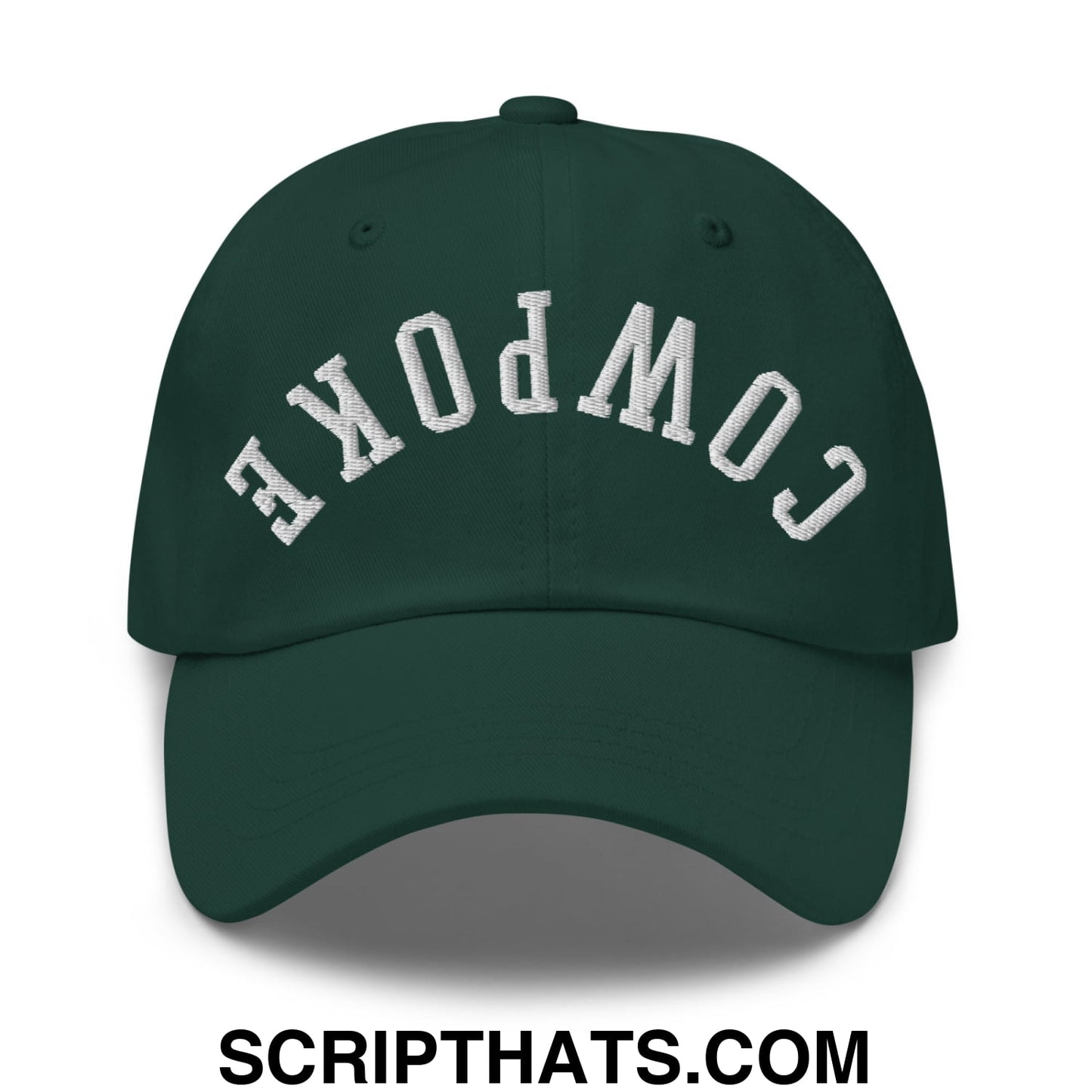 Dark green unstructured dad hat with white embroidered compoke lettering in an arched design