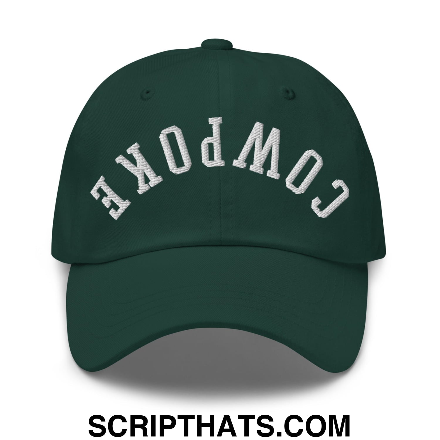Dark green unstructured dad hat with white embroidered compoke lettering in an arched design