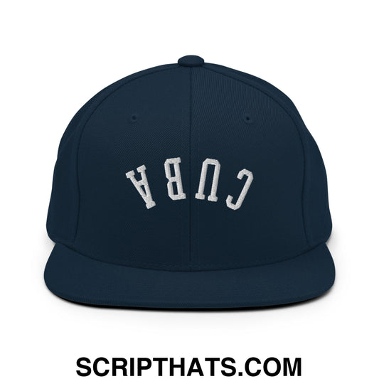 Navy blue snapback cap with white embroidered cuba lettering in an arched design flat bill brim hat