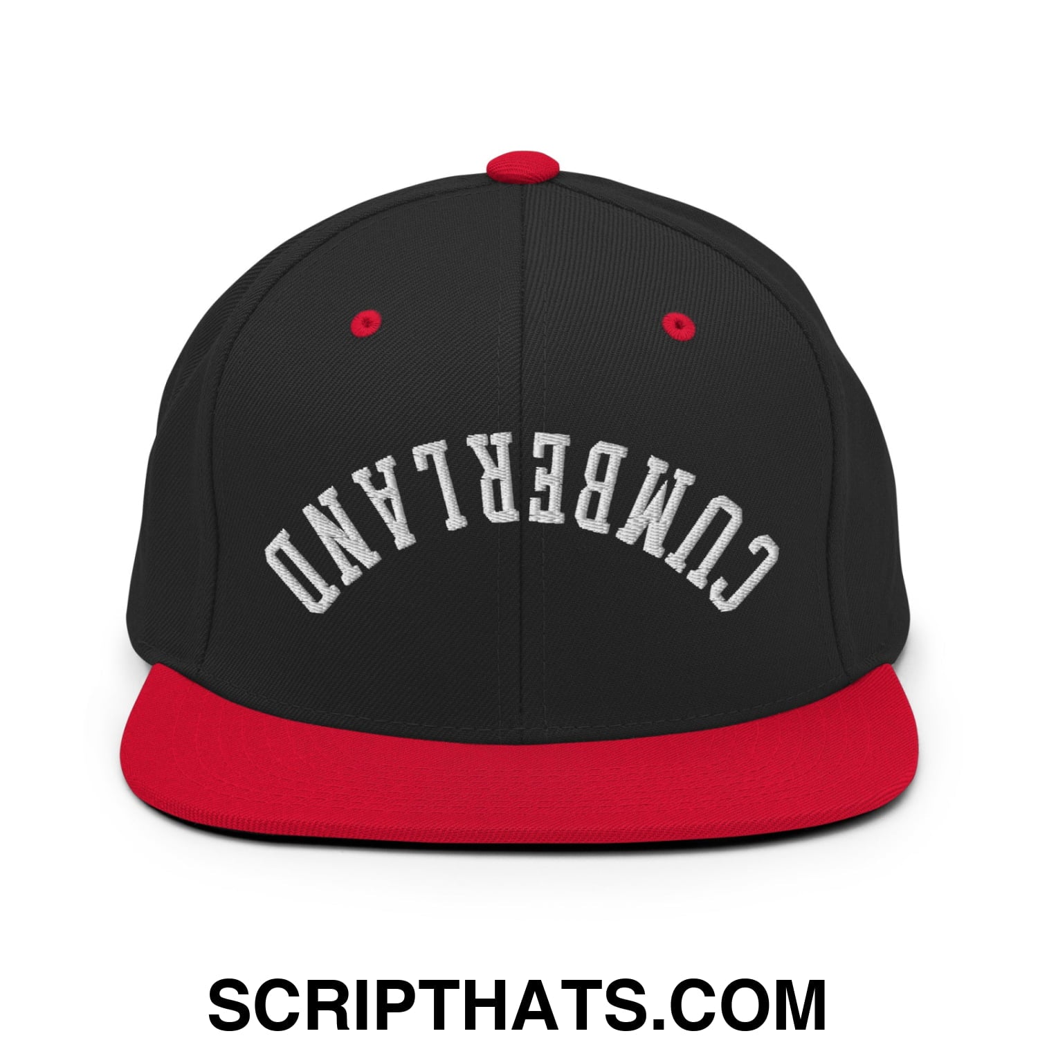 Upside Down Cumberland Embroidered Flat Bill Brim Snapback Hat Black Red
