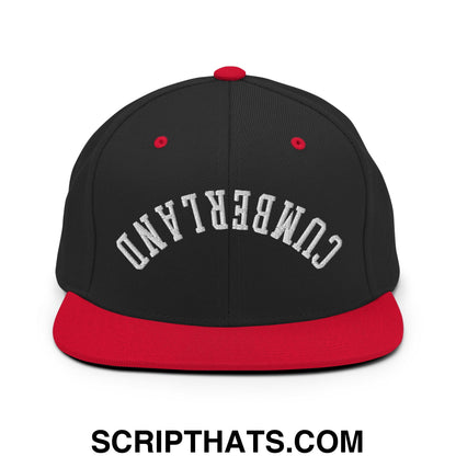 Upside Down Cumberland Embroidered Flat Bill Brim Snapback Hat Black Red