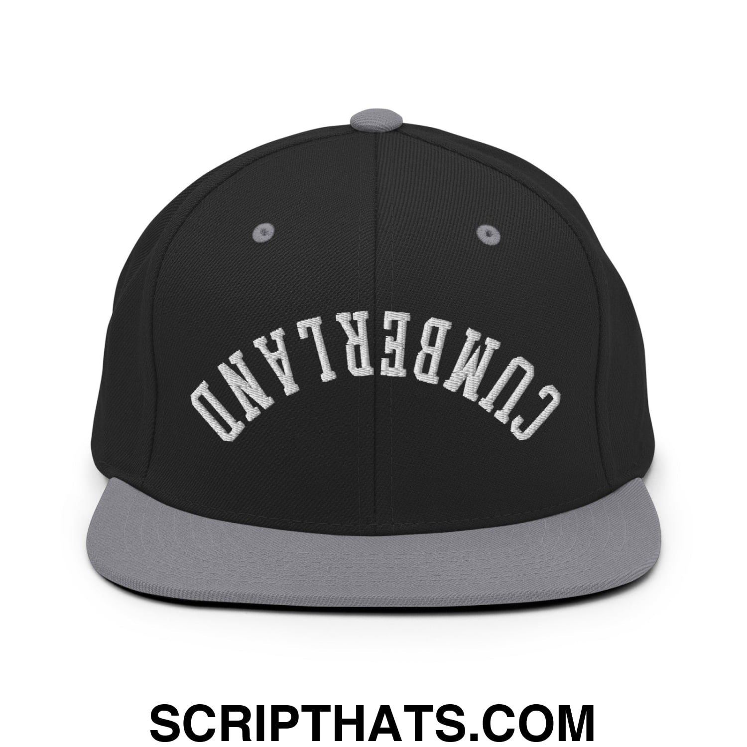 Upside Down Cumberland Embroidered Flat Bill Brim Snapback Hat Black Silver