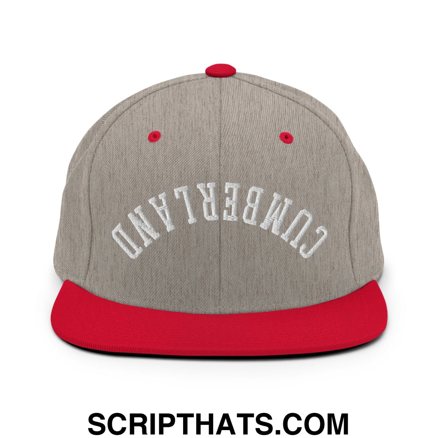 Upside Down Cumberland Embroidered Flat Bill Brim Snapback Hat Heather Grey Red