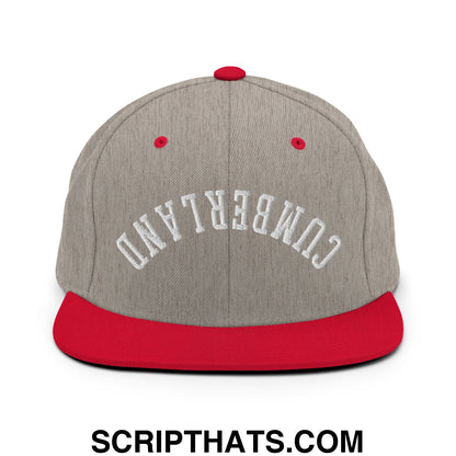 Upside Down Cumberland Embroidered Flat Bill Brim Snapback Hat Heather Grey Red
