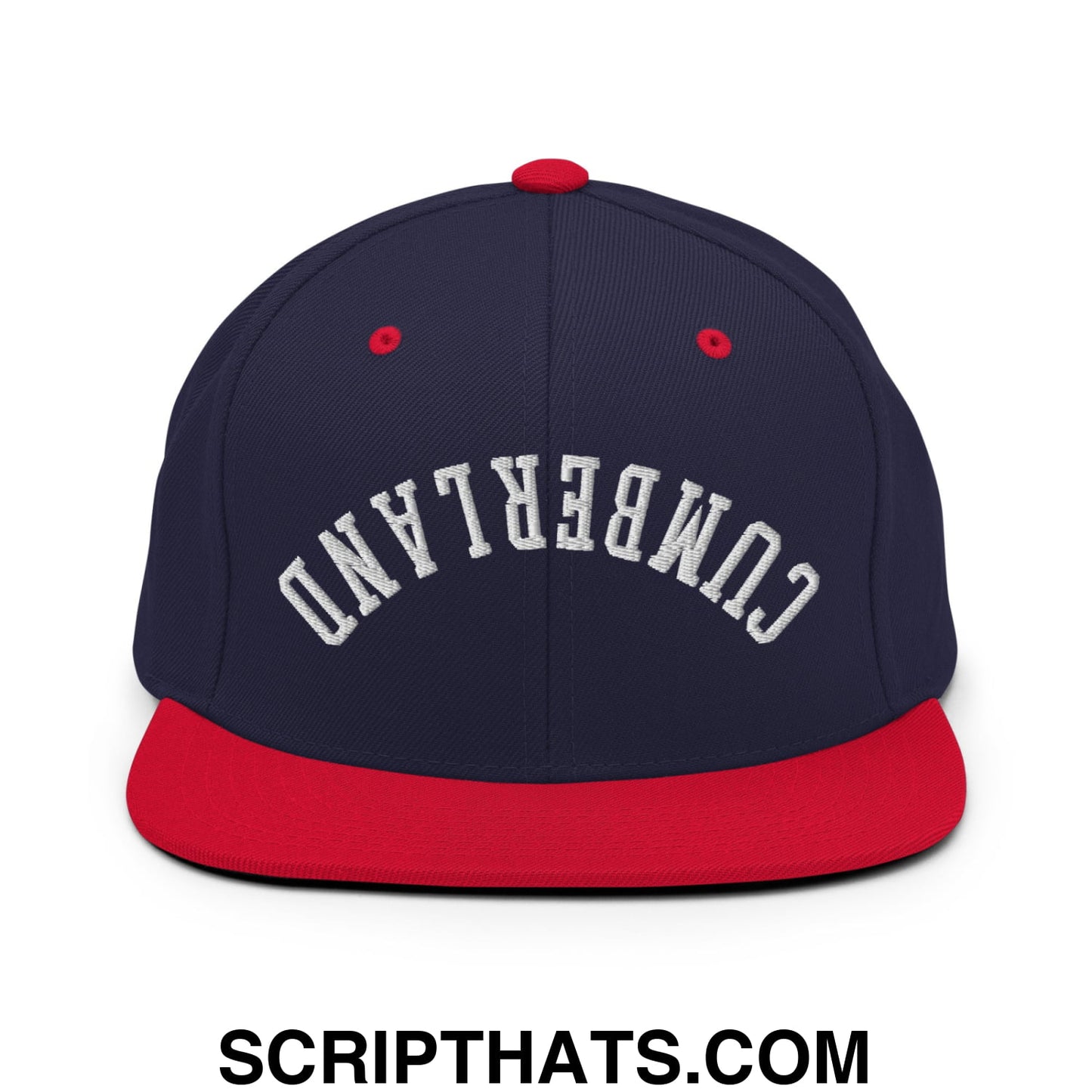 Upside Down Cumberland Embroidered Flat Bill Brim Snapback Hat Navy Red