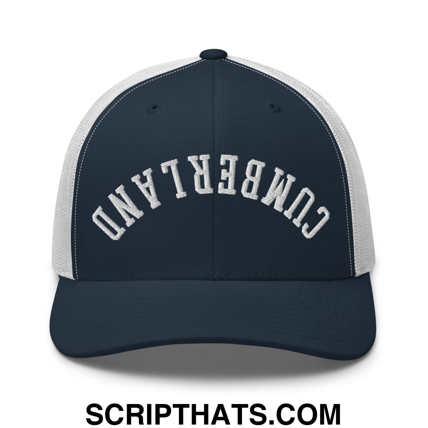 Upside Down Cumberland Embroidered Mesh Trucker Hat Navy White