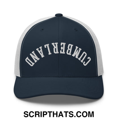 Upside Down Cumberland Embroidered Mesh Trucker Hat Navy White