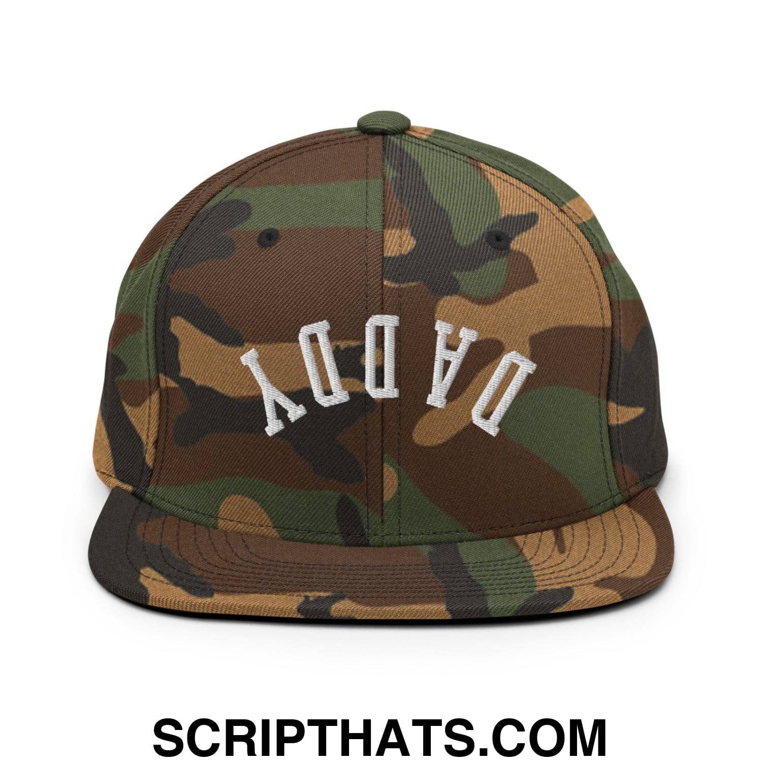 Upside Down Daddy Embroidered Flat Bill Brim Snapback Hat Green Camo