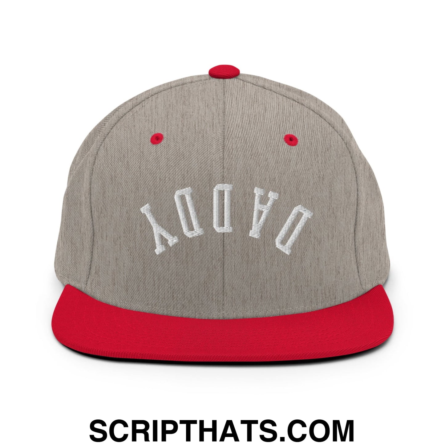 Upside Down Daddy Embroidered Flat Bill Brim Snapback Hat Heather Grey Red