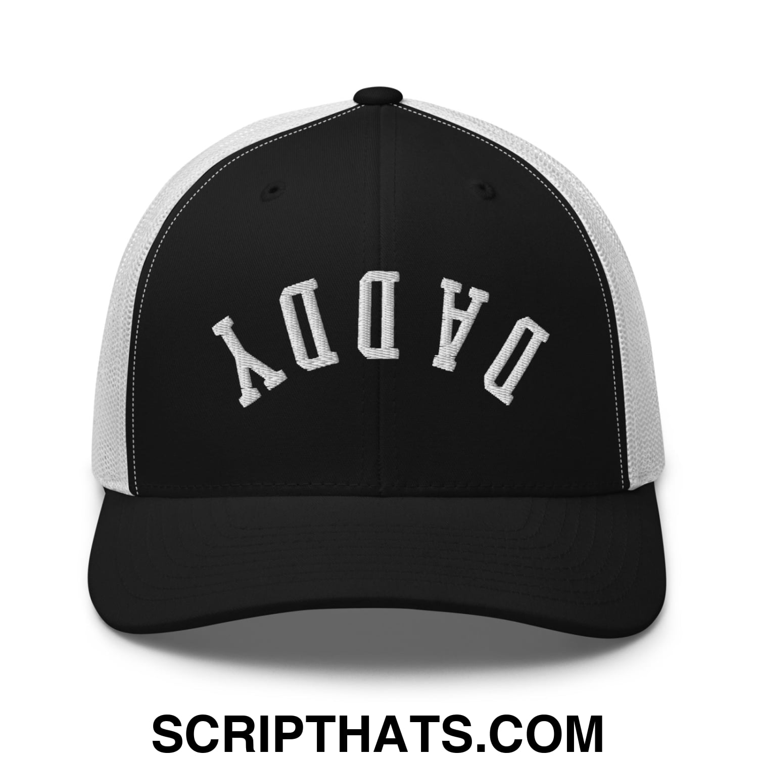 Upside Down Daddy Embroidered Mesh Trucker Hat Black White