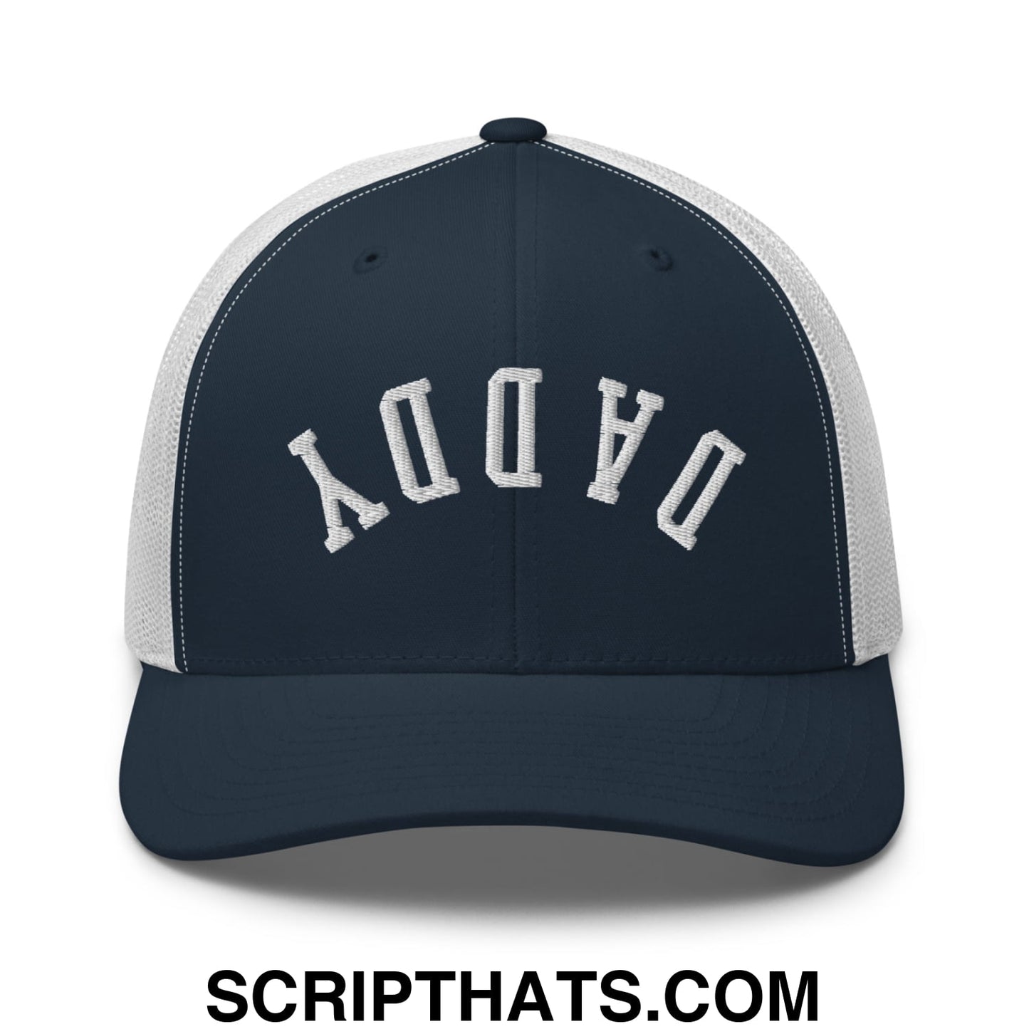 Upside Down Daddy Embroidered Mesh Trucker Hat Navy White
