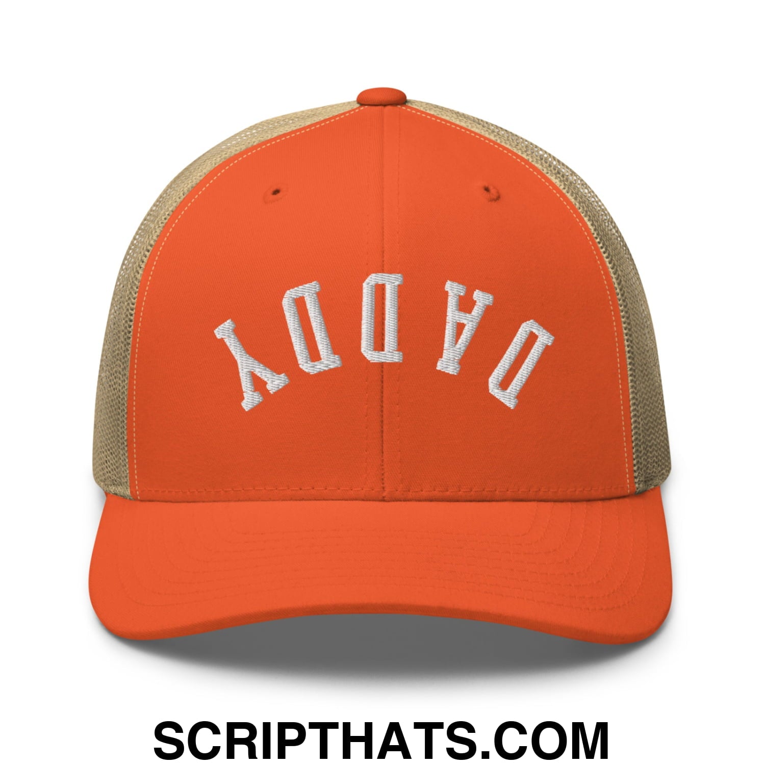 Upside Down Daddy Embroidered Mesh Trucker Hat Rustic Orange Khaki