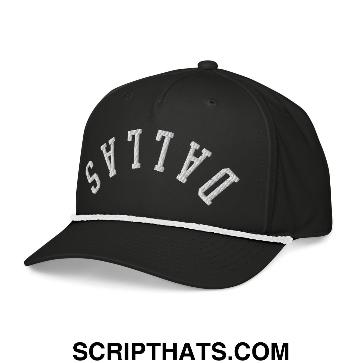 Upside Down Dallas Embroidered 5 Panel Rope Hat Black White