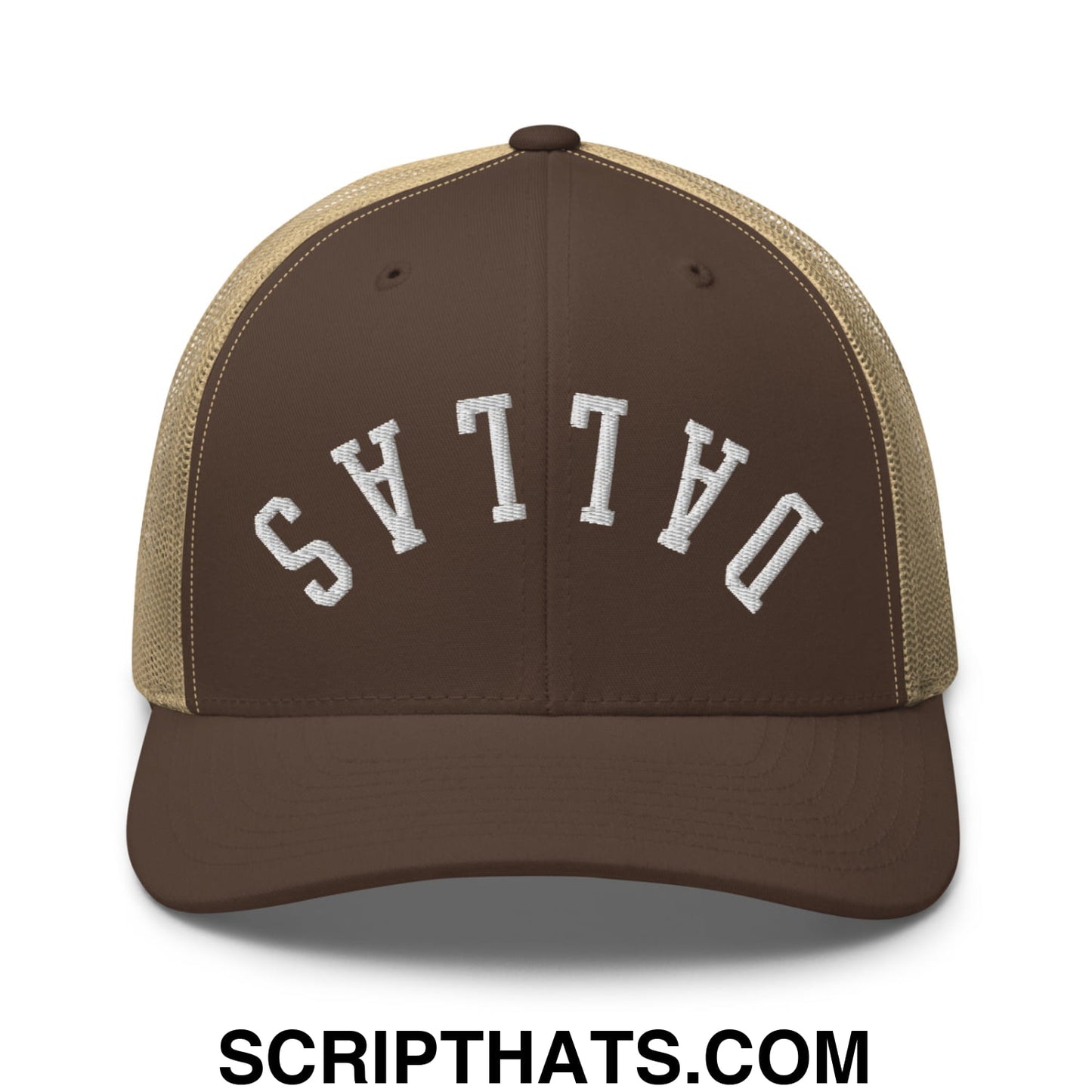 Upside Down Dallas Embroidered Mesh Trucker Hat Brown Khaki
