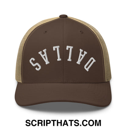 Upside Down Dallas Embroidered Mesh Trucker Hat Brown Khaki
