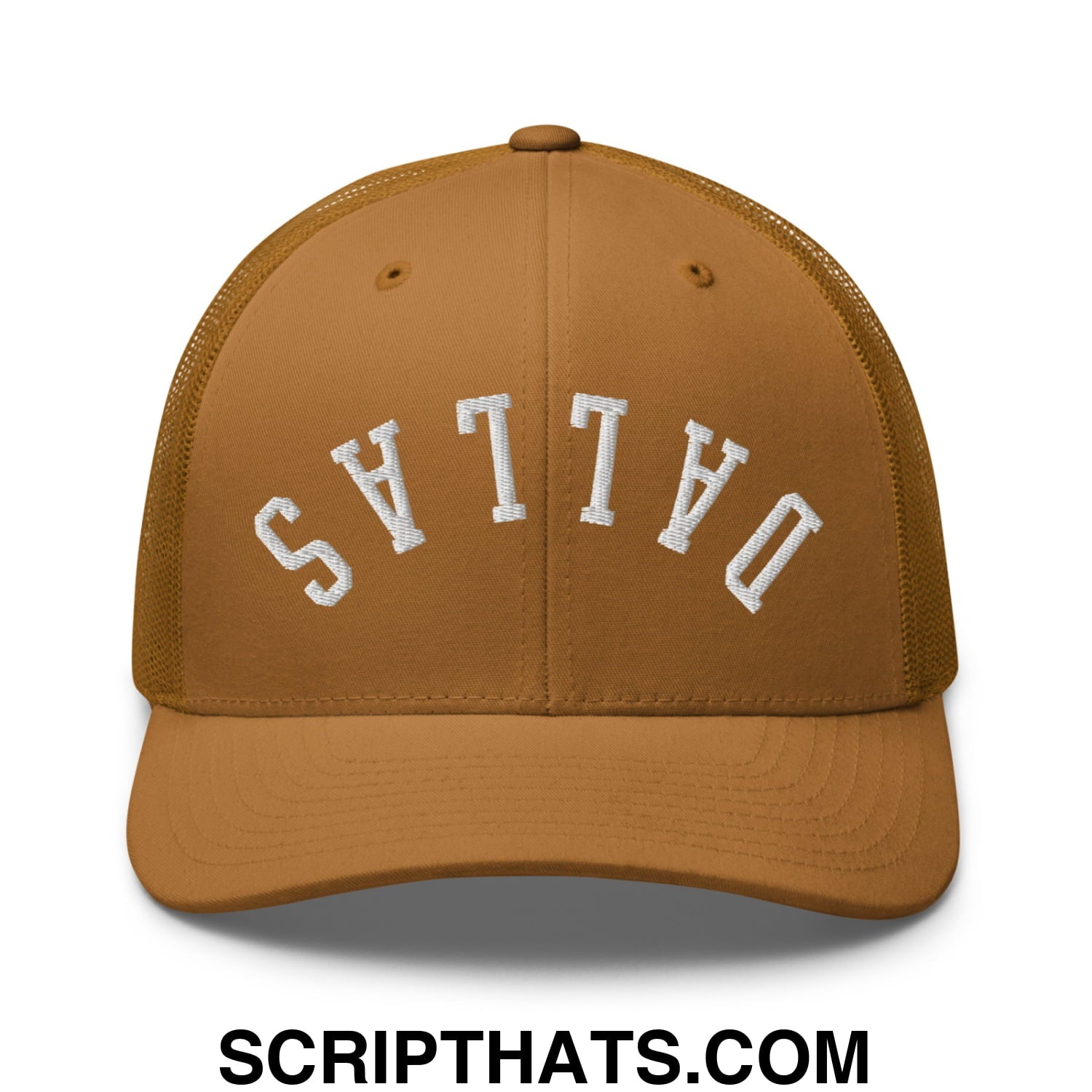 Upside Down Dallas Embroidered Mesh Trucker Hat Caramel