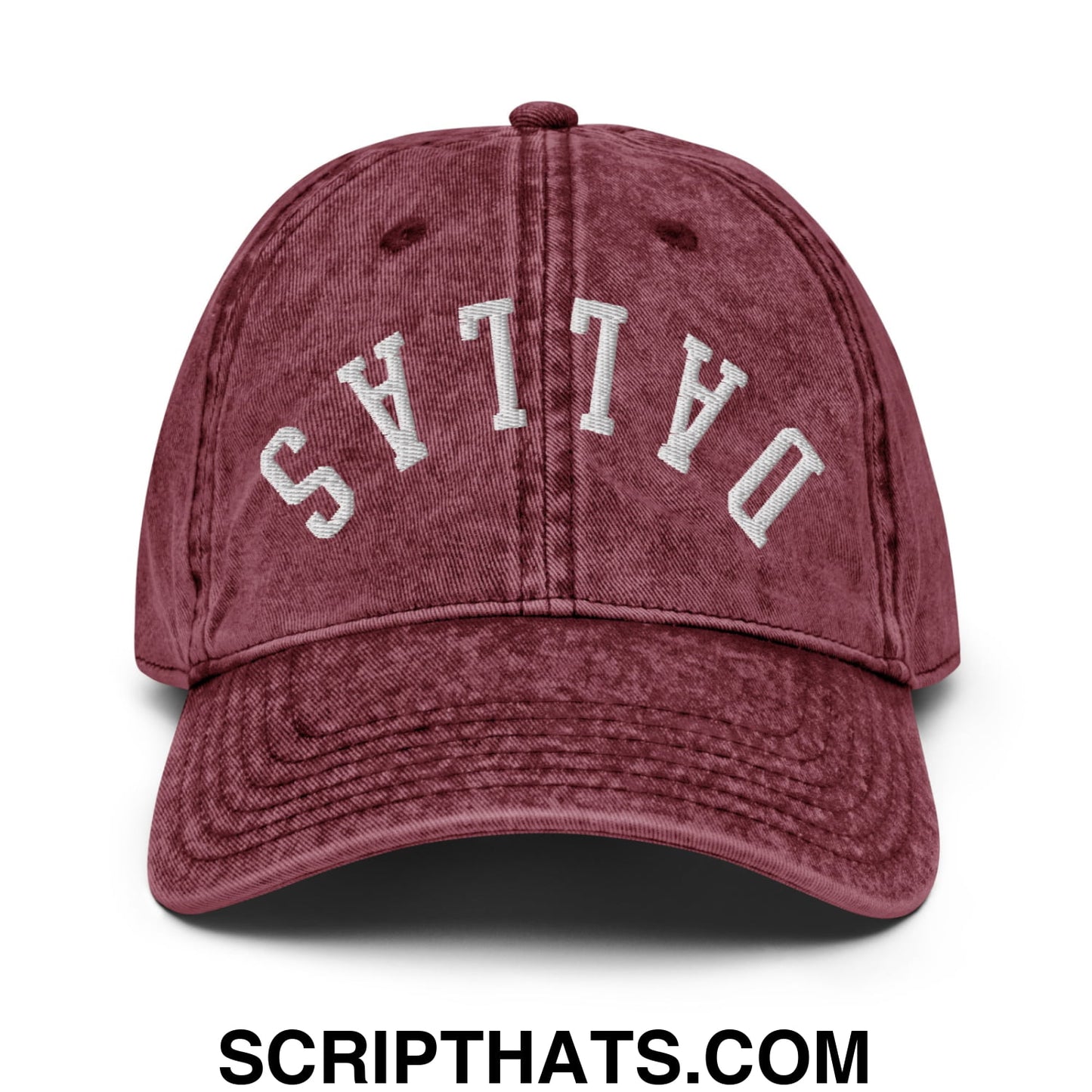 Upside Down Dallas Embroidered Unstructured Denim Dad Hat Maroon
