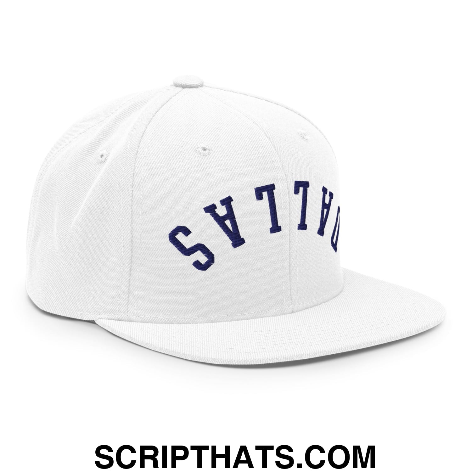 Upside Down Dallas Navy Embroidered Flat Bill Brim Snapback Hat White