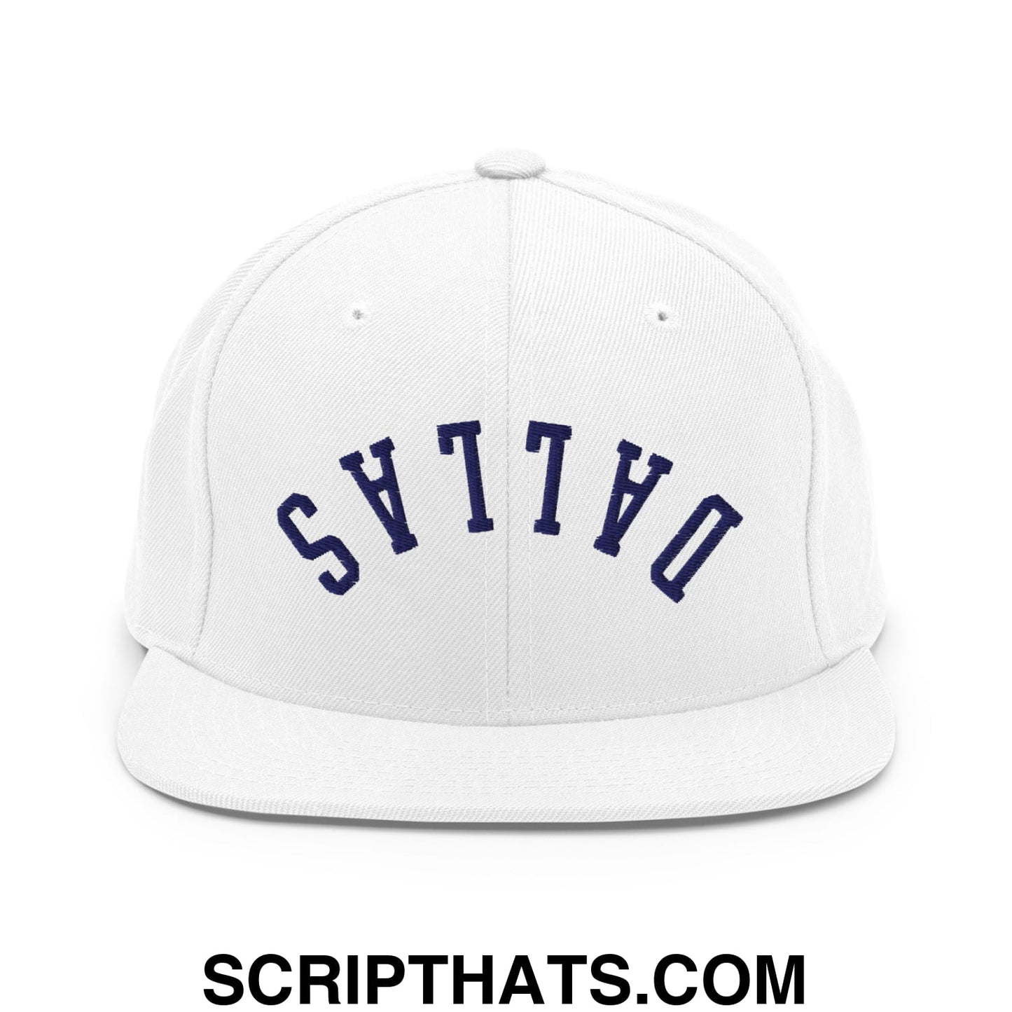 Upside Down Dallas Navy Embroidered Flat Bill Brim Snapback Hat White