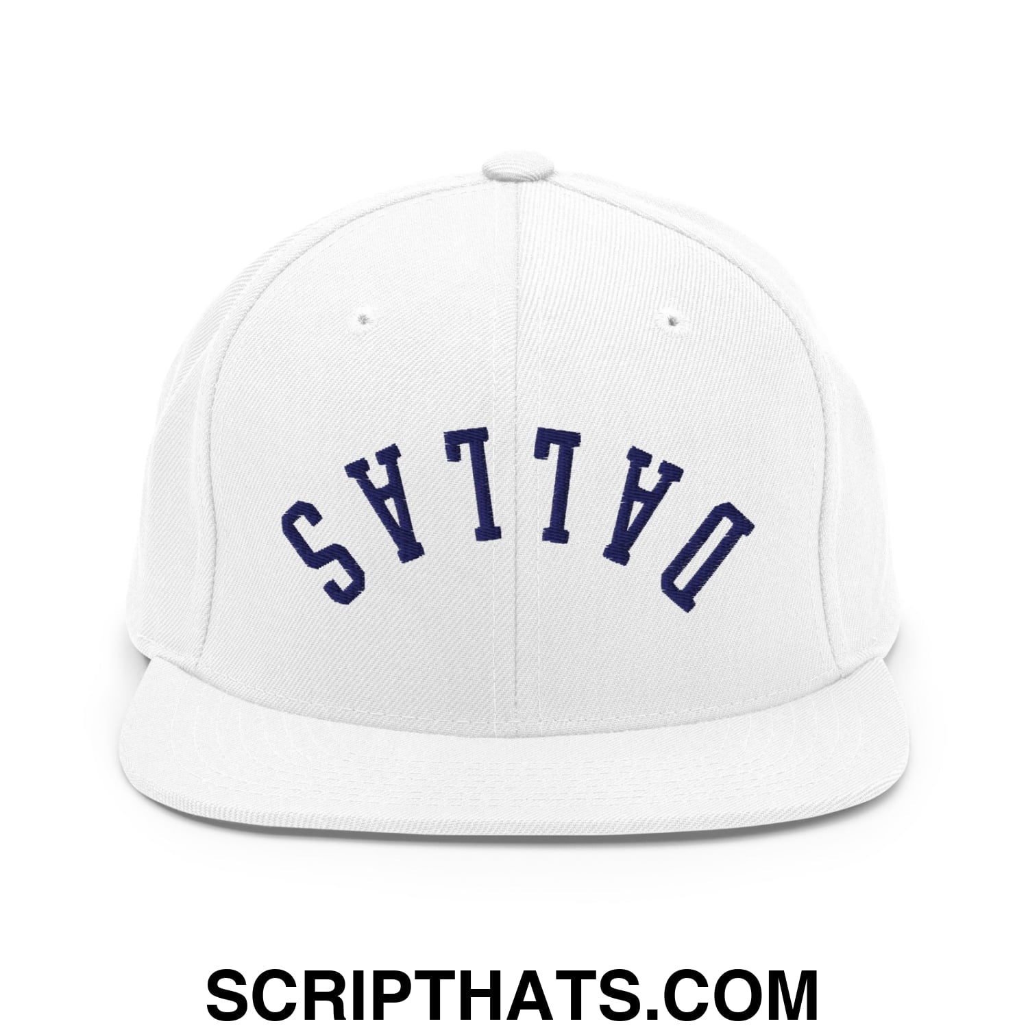 Upside Down Dallas Navy Embroidered Flat Bill Brim Snapback Hat White