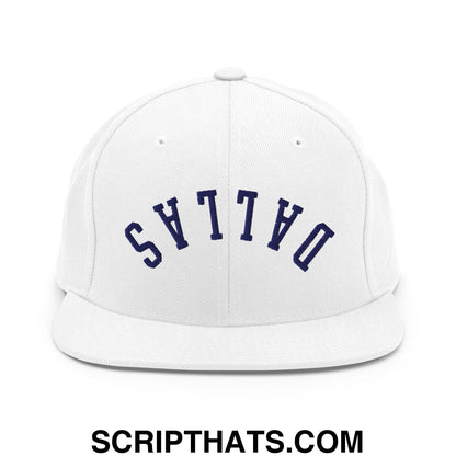 Upside Down Dallas Navy Embroidered Flat Bill Brim Snapback Hat White
