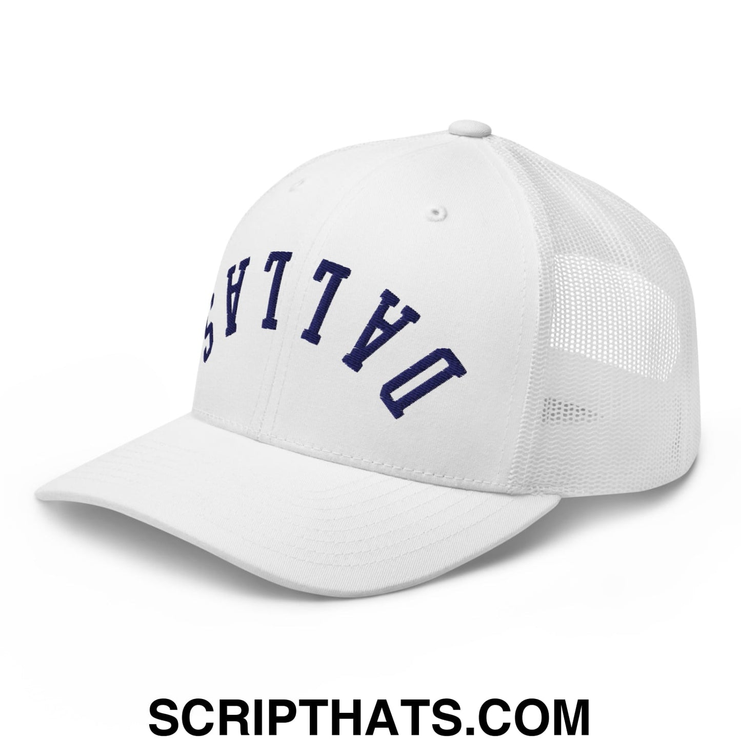 Upside Down Dallas Navy Embroidered Mesh Trucker Hat White