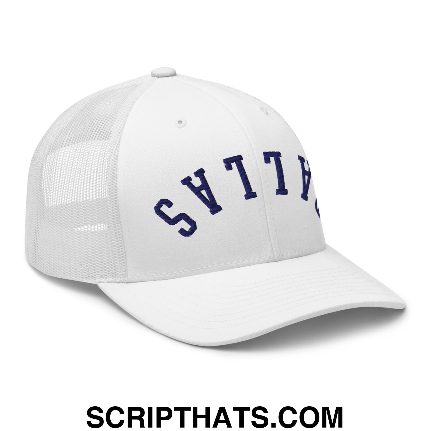 Upside Down Dallas Navy Embroidered Mesh Trucker Hat White