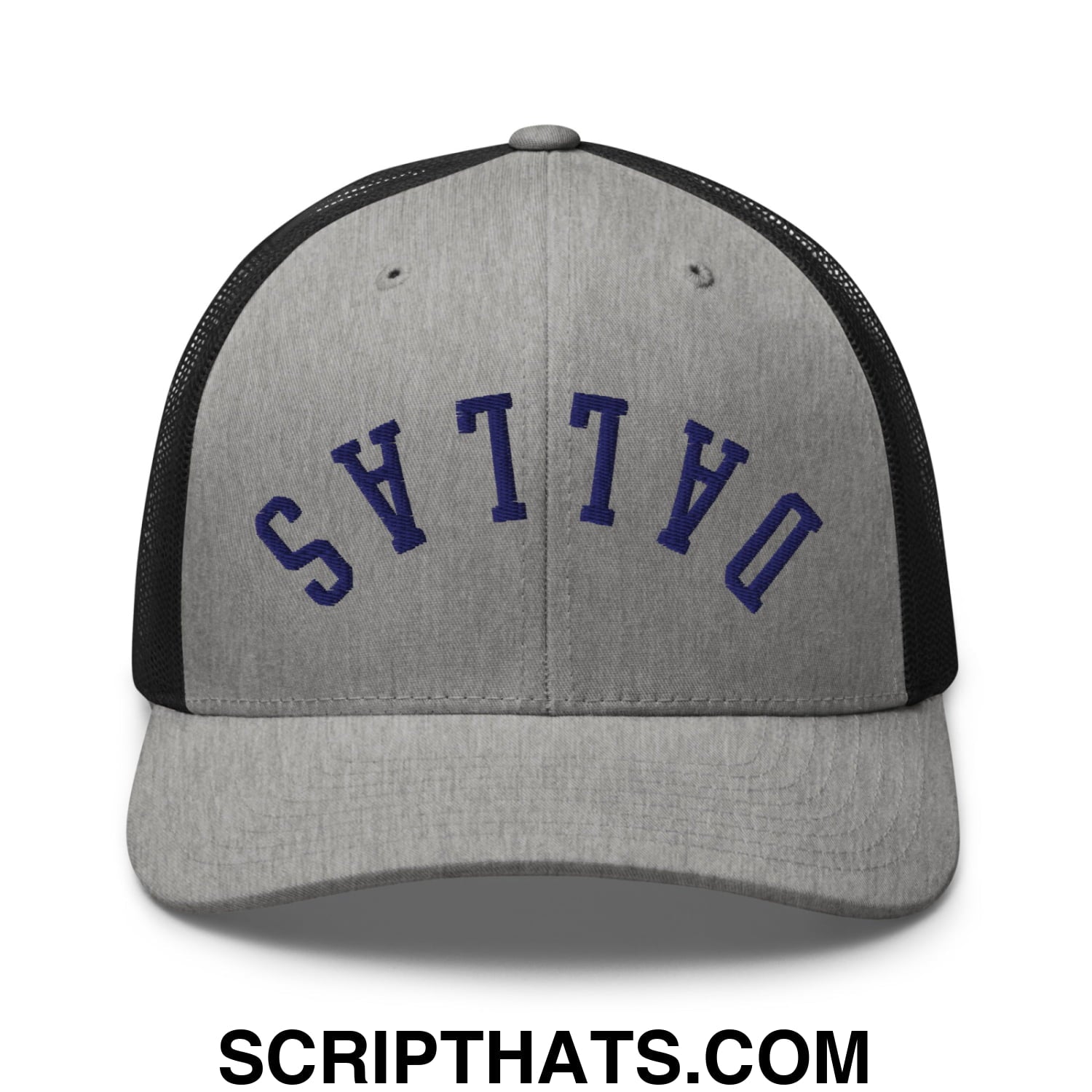Upside Down Dallas Navy Embroidered Mesh Trucker Hat Heather Black