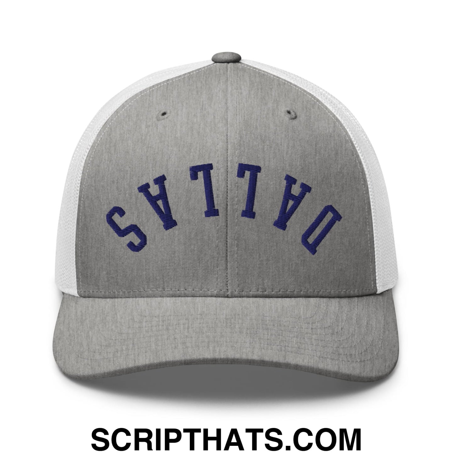 Upside Down Dallas Navy Embroidered Mesh Trucker Hat Heather Grey White