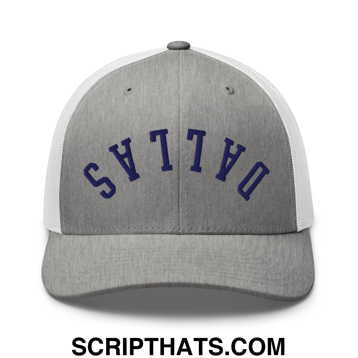 Upside Down Dallas Navy Embroidered Mesh Trucker Hat Heather Grey White