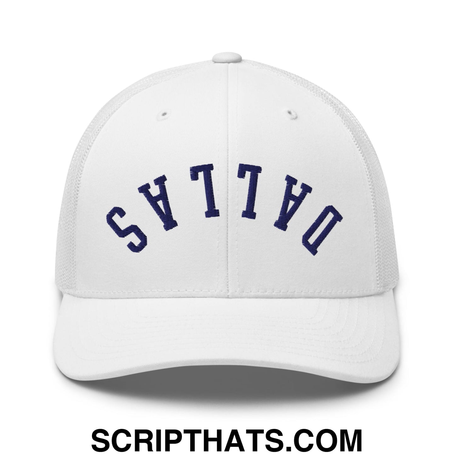 Upside Down Dallas Navy Embroidered Mesh Trucker Hat White