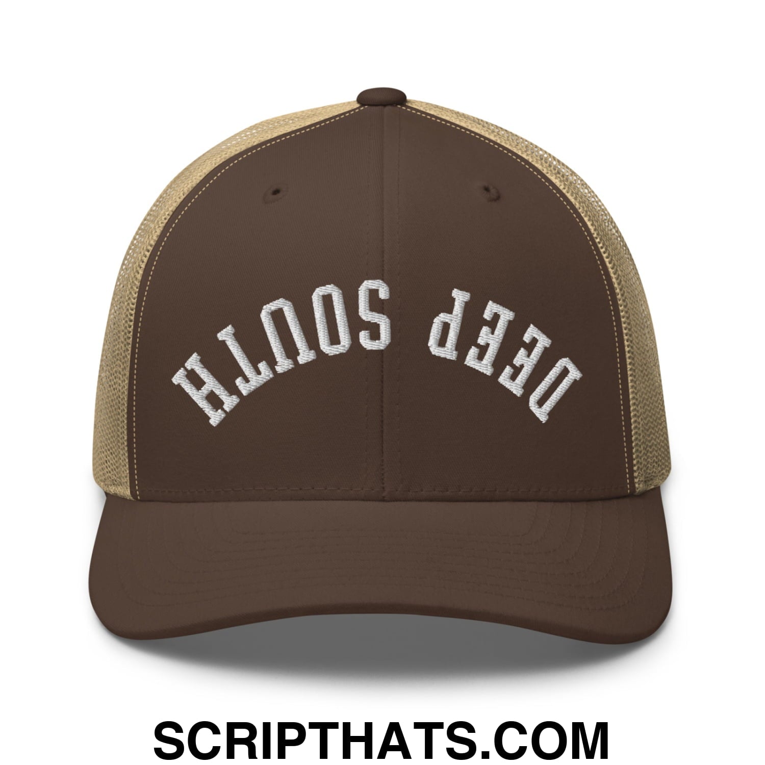 Upside Down Deep South Embroidered Mesh Trucker Hat Brown Khaki