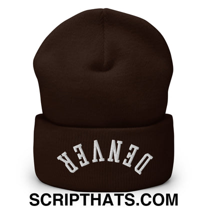 Upside Down Denver Embroidered Cuffed Knit Beanie Brown