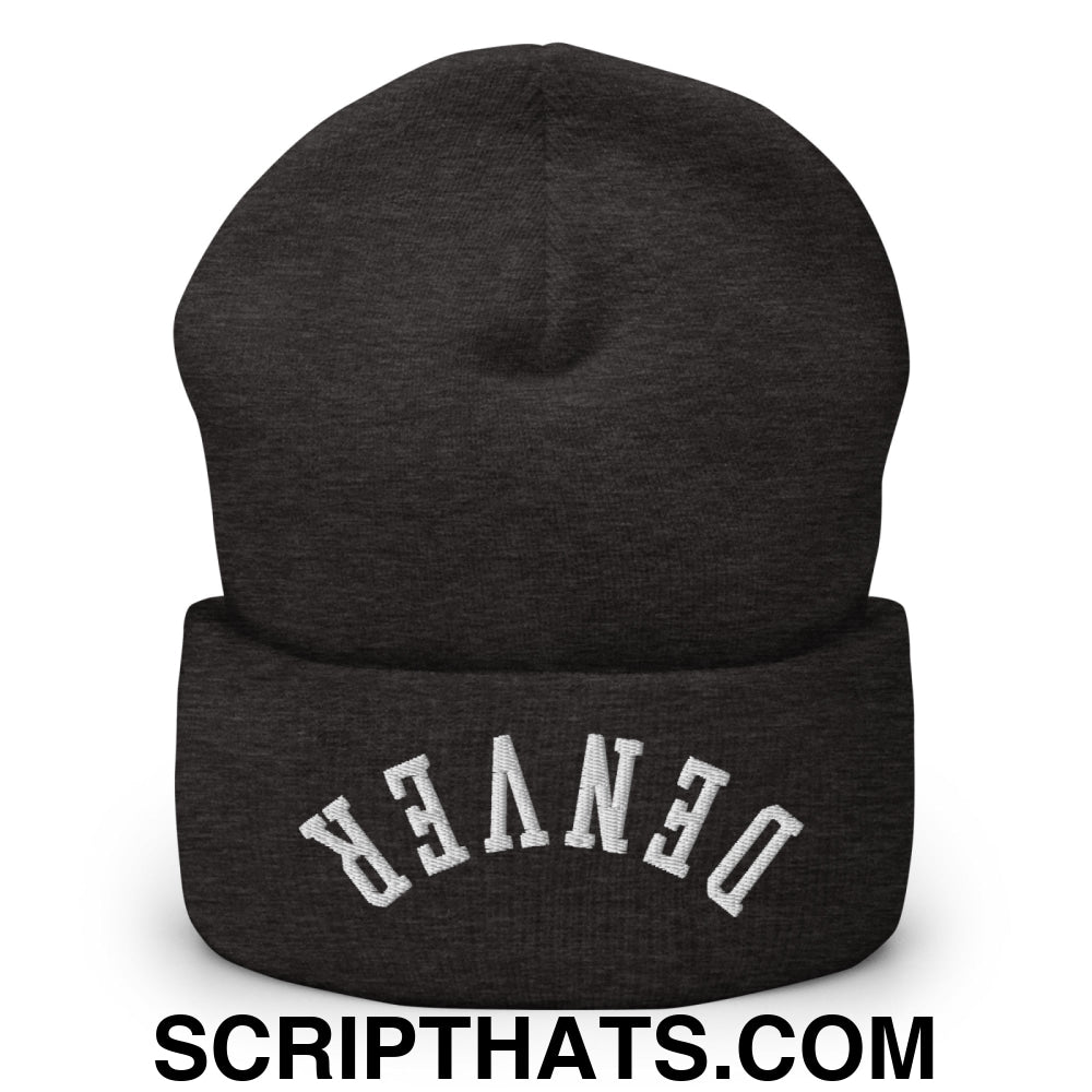 Upside Down Denver Embroidered Cuffed Knit Beanie Dark Grey