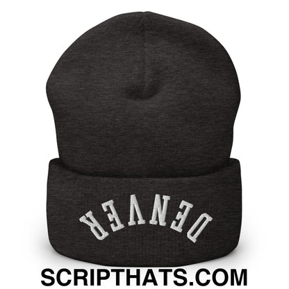 Upside Down Denver Embroidered Cuffed Knit Beanie Dark Grey