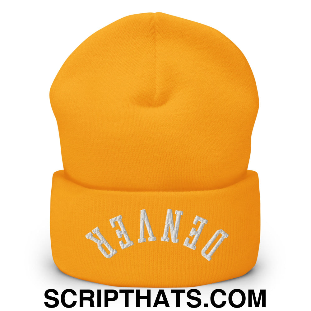 Upside Down Denver Embroidered Cuffed Knit Beanie Gold