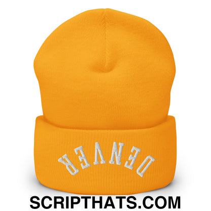 Upside Down Denver Embroidered Cuffed Knit Beanie Gold