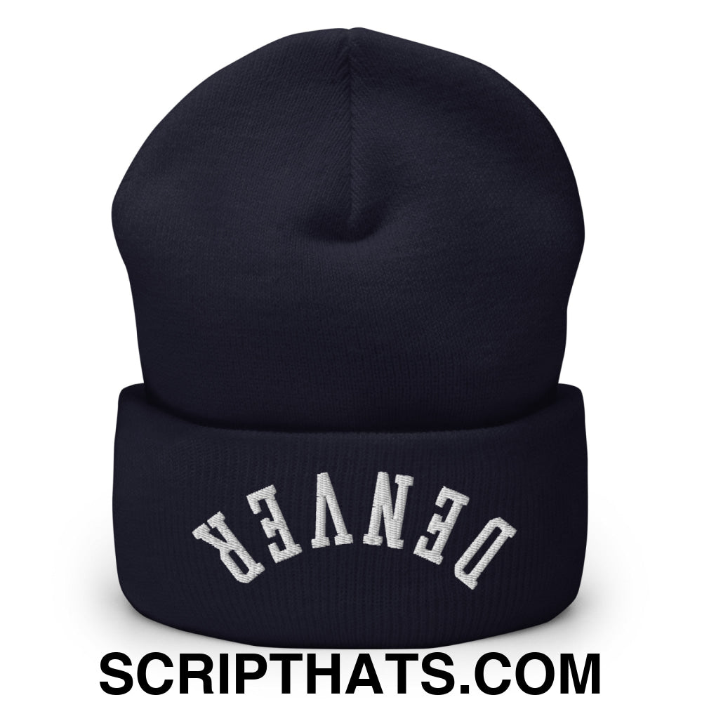Upside Down Denver Embroidered Cuffed Knit Beanie Navy