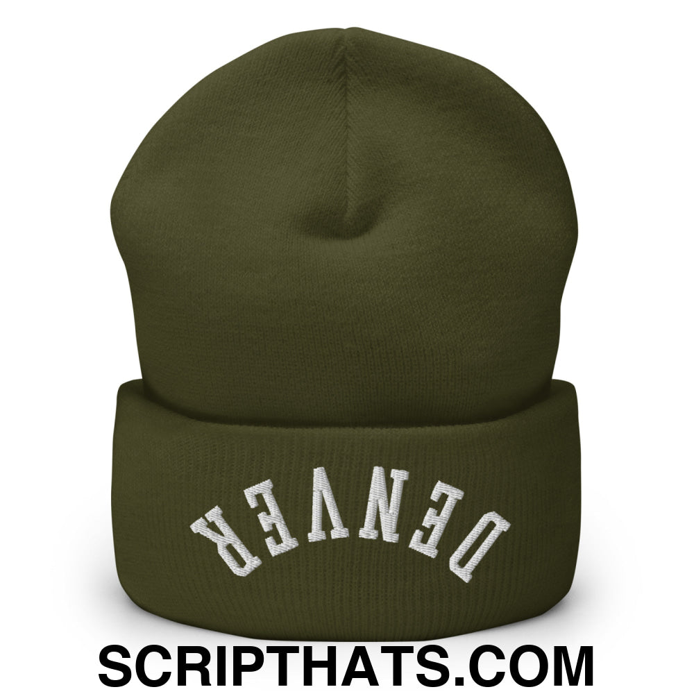 Upside Down Denver Embroidered Cuffed Knit Beanie Olive