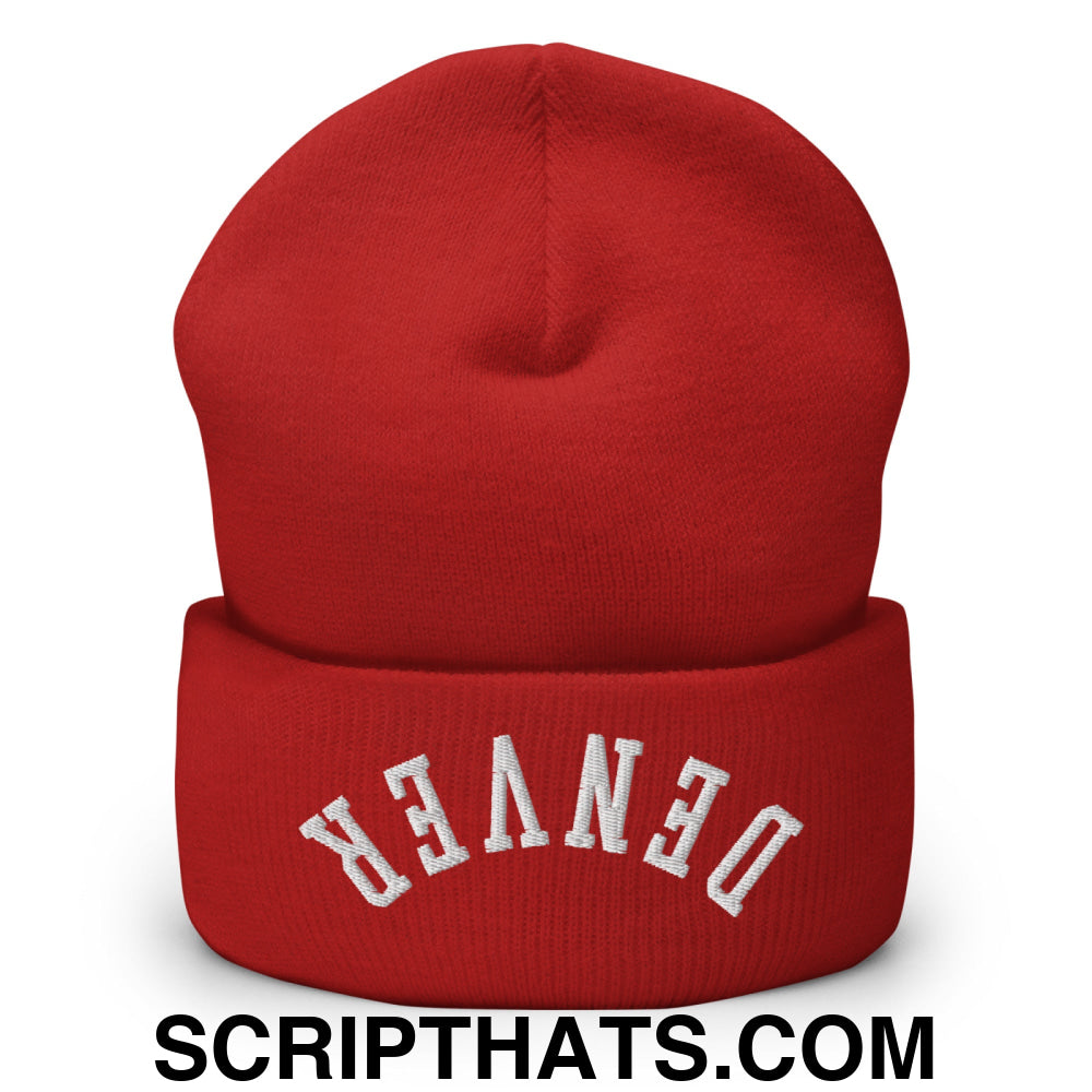 Upside Down Denver Embroidered Cuffed Knit Beanie Red