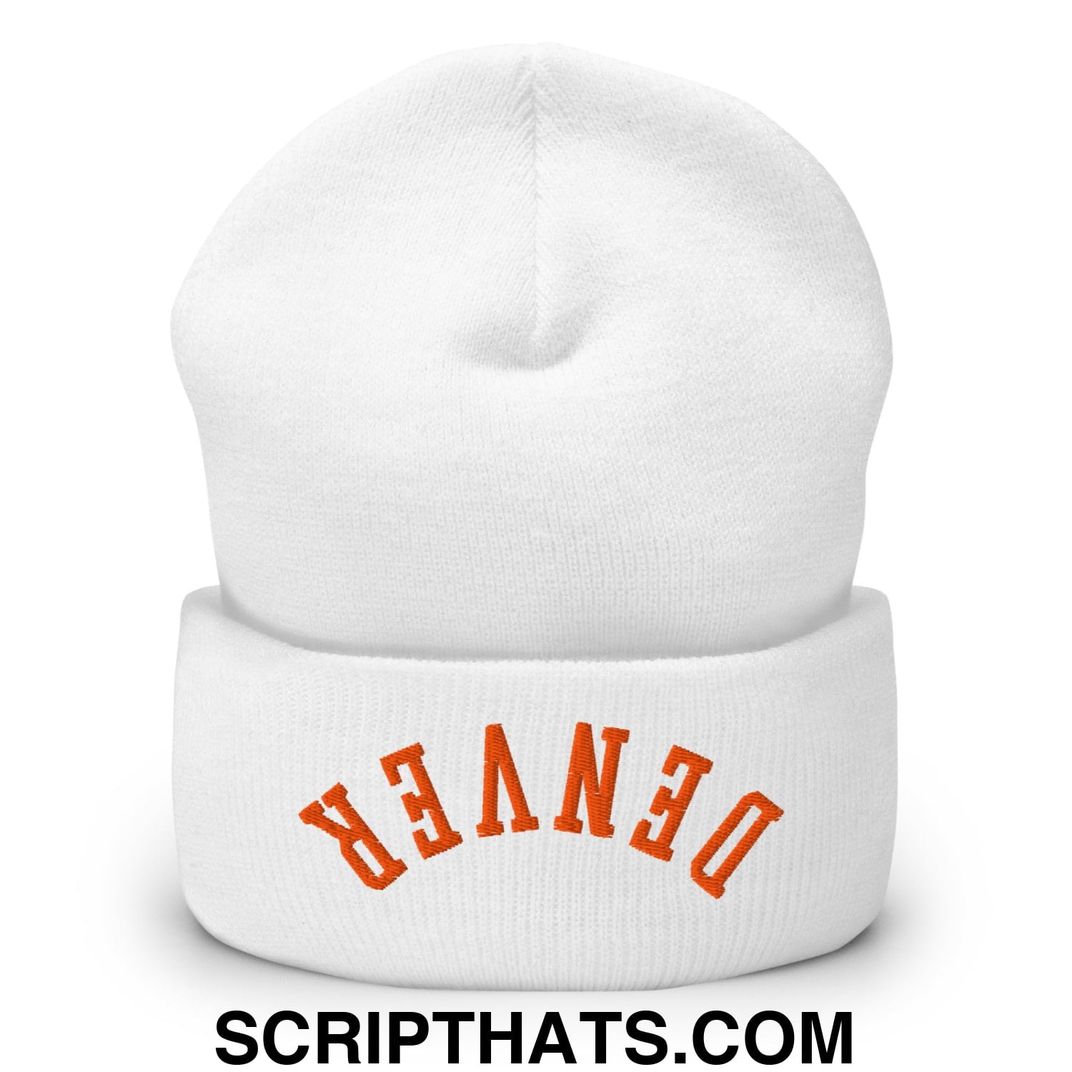 Upside Down Denver Football Embroidered Cuffed Knit Beanie White