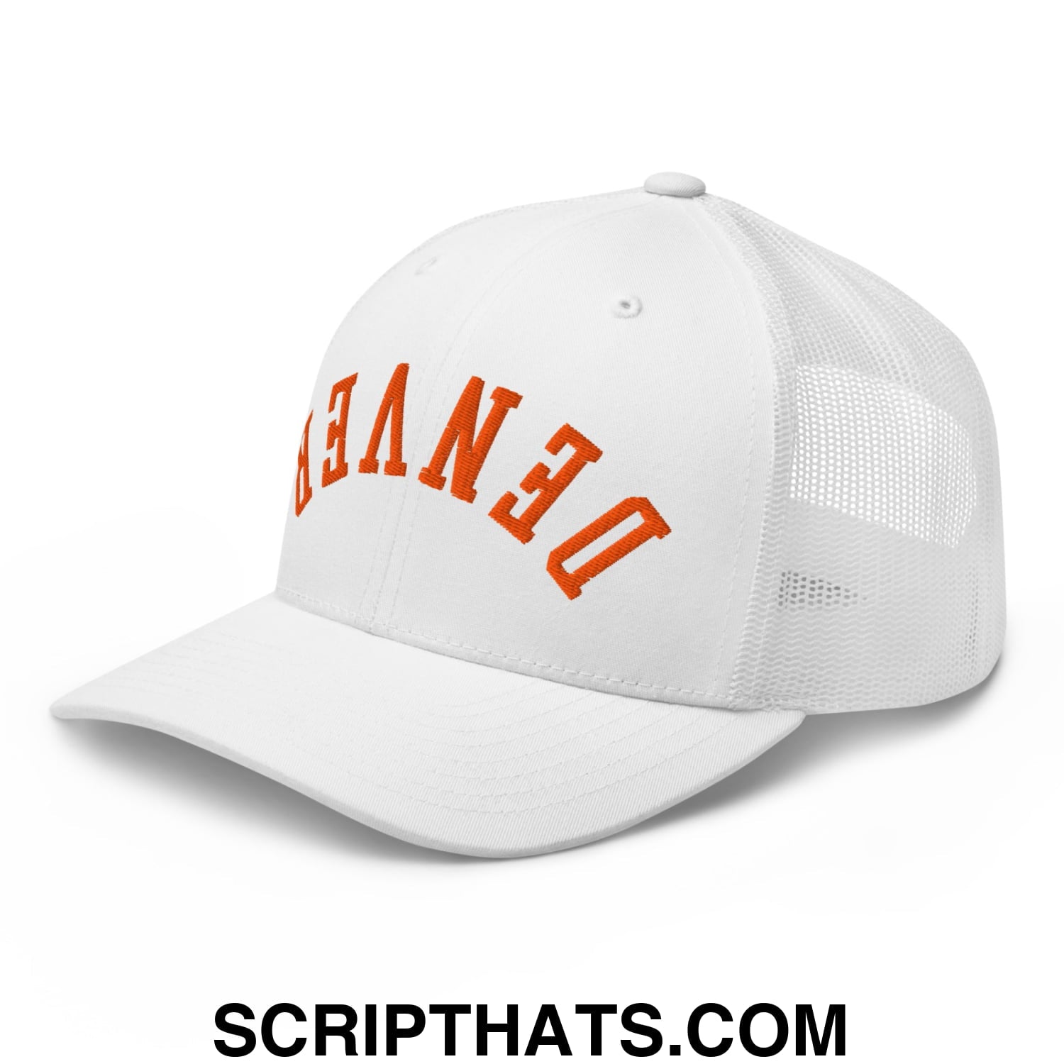 Upside Down Denver Football Embroidered Mesh Trucker Hat White