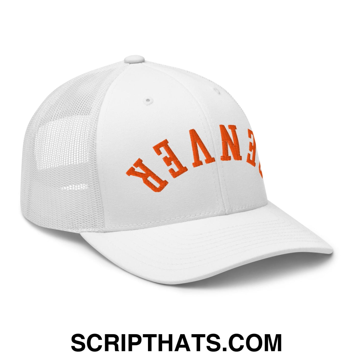 Upside Down Denver Football Embroidered Mesh Trucker Hat White