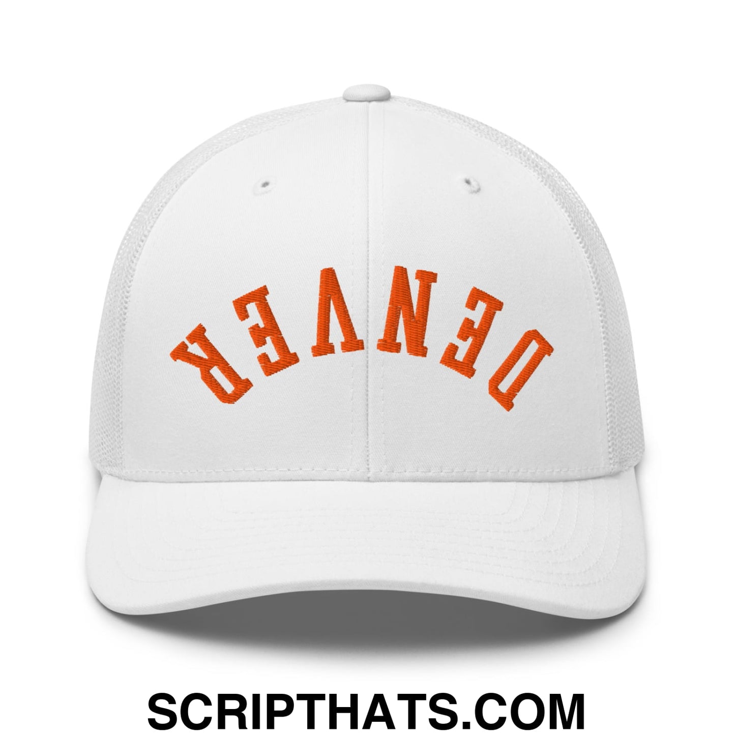 Upside Down Denver Football Embroidered Mesh Trucker Hat White